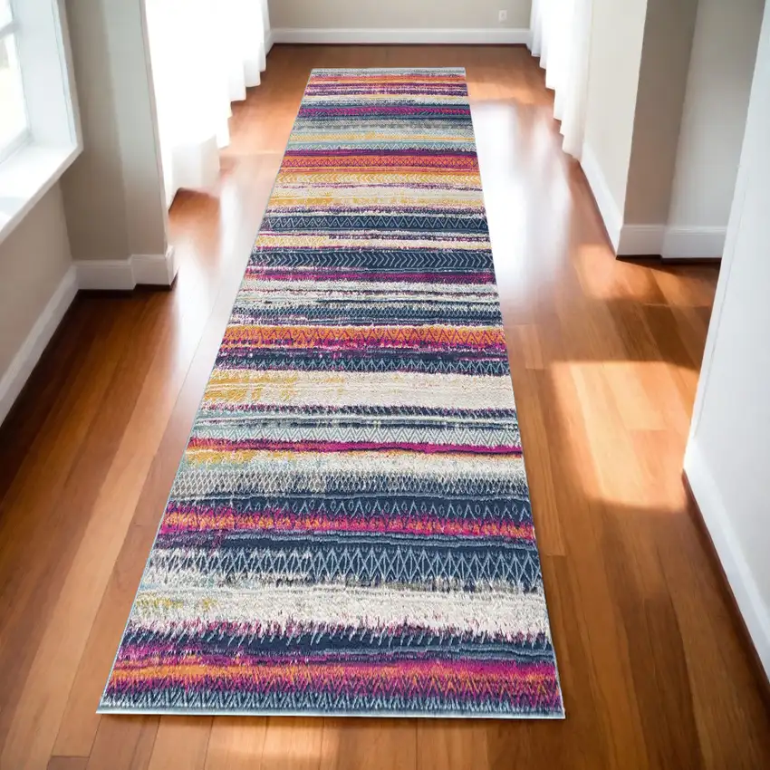 15' Blue And Ivory Striped Runner Rug Photo 2