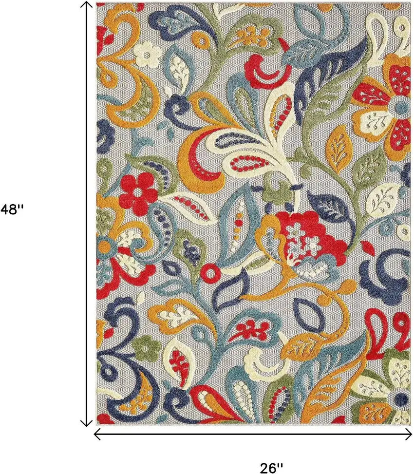 Ivory And Blue Floral Stain Resistant Indoor Outdoor Area Rug Photo 9