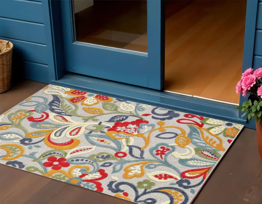 Ivory And Blue Floral Stain Resistant Indoor Outdoor Area Rug Photo 2