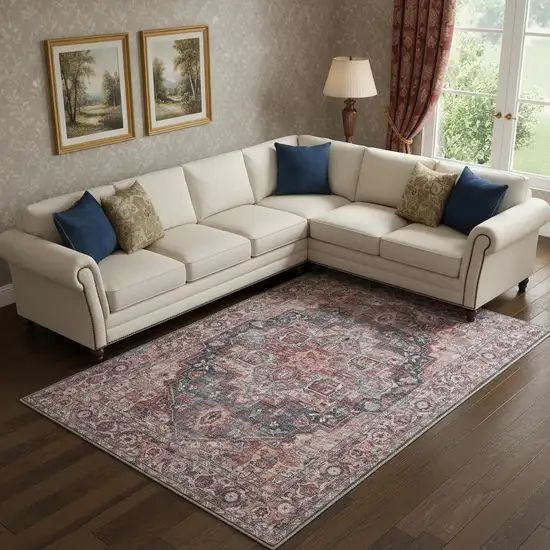 Blue And Pink Medallion Distressed Washable Area Rug Photo 1