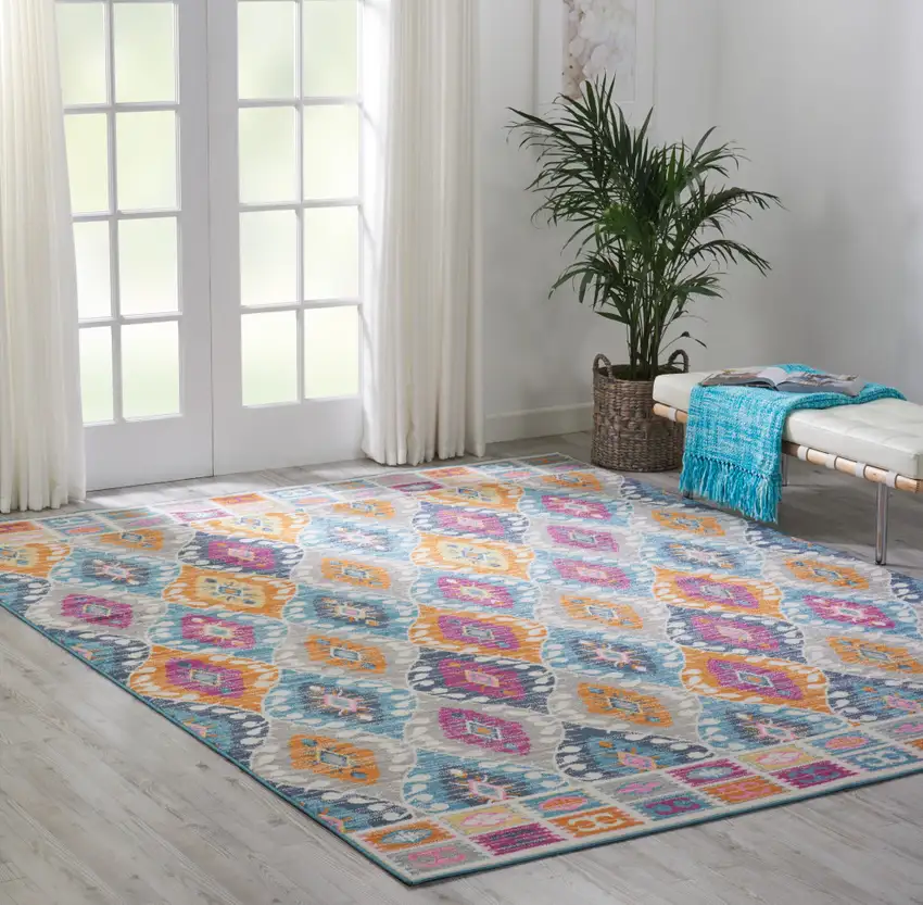 Gray Blue And Orange Ogee Distressed Area Rug Photo 5