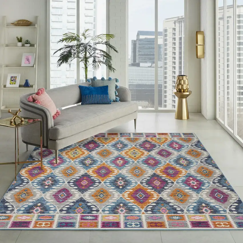 Gray Blue And Orange Ogee Distressed Area Rug Photo 6