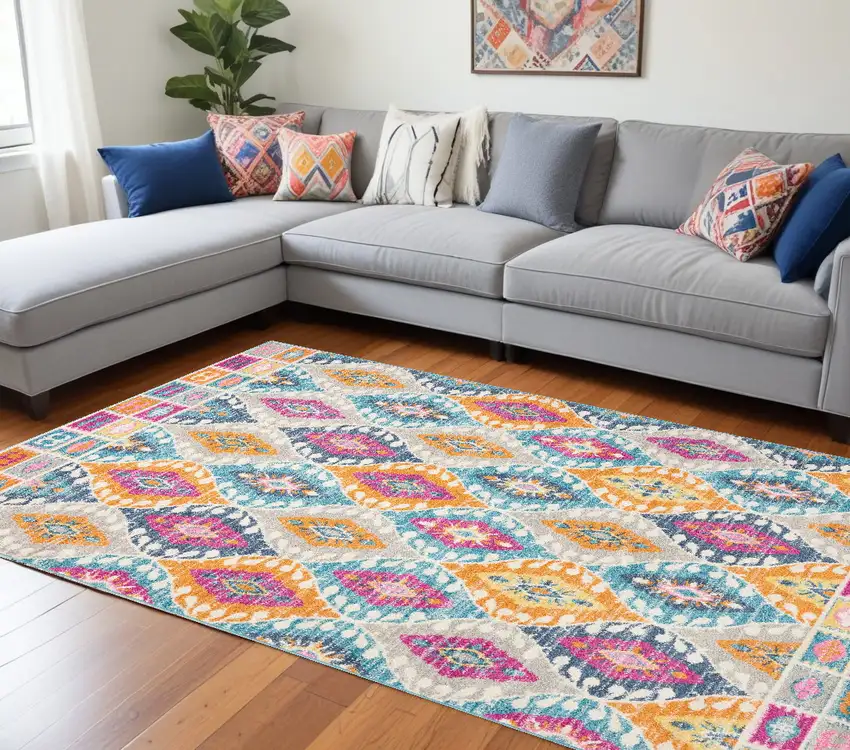 Blue And Pink Ogee Power Loom Area Rug Photo 1