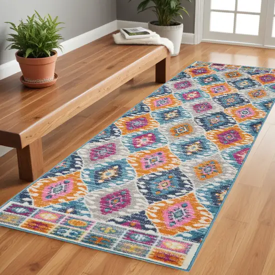 8' Blue And Pink Ogee Power Loom Runner Rug Photo 1