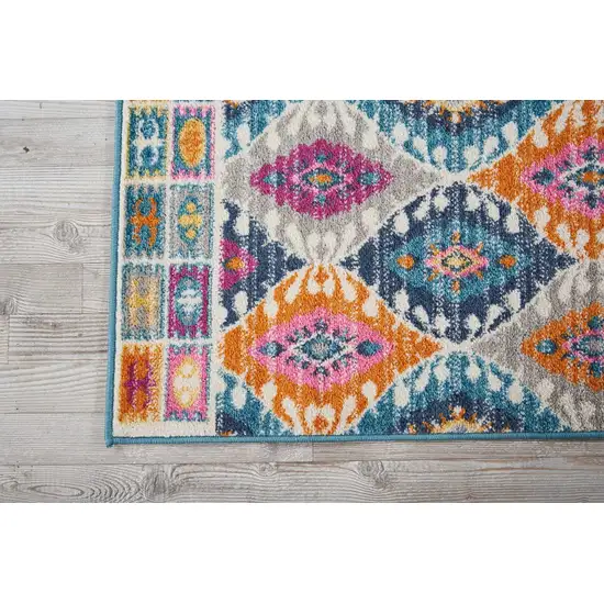 8' Ivory And Blue Ogee Distressed Runner Rug Photo 8