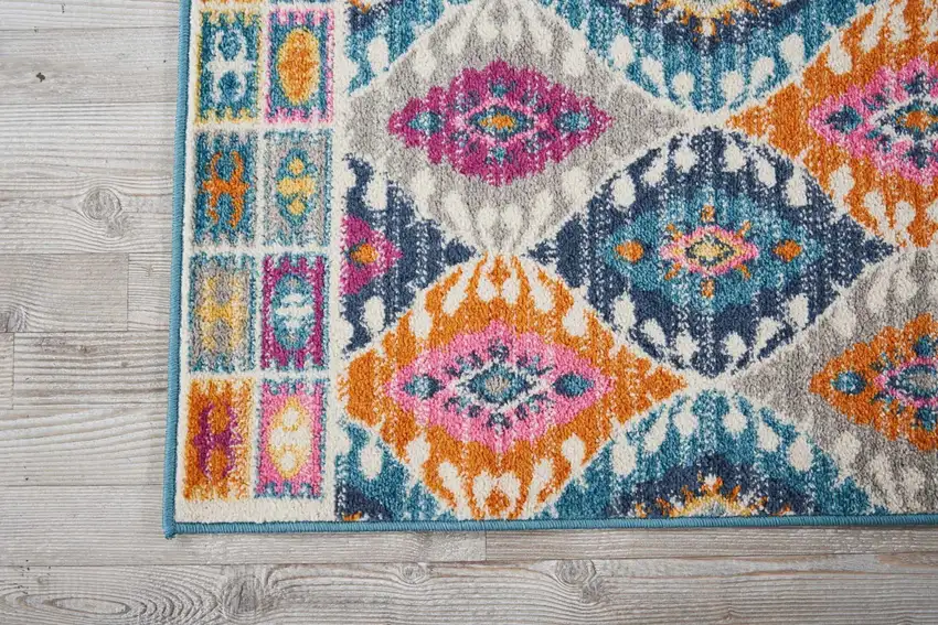 8' Ivory And Blue Ogee Distressed Runner Rug Photo 8