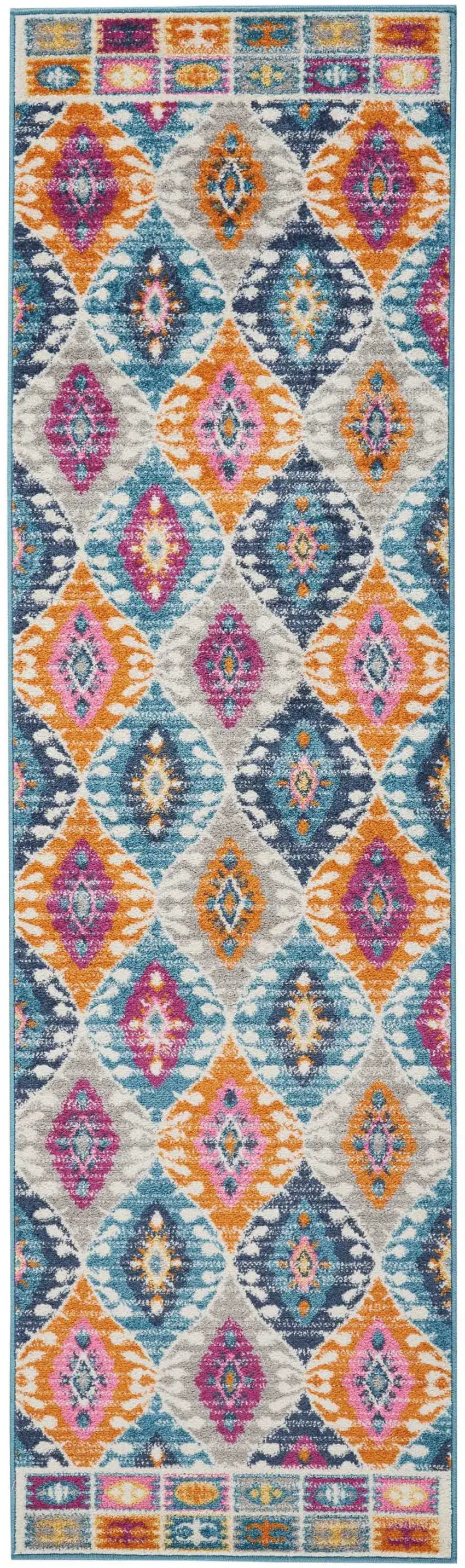 8' Blue And Pink Ogee Power Loom Runner Rug Photo 7