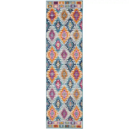 8' Blue And Pink Ogee Power Loom Runner Rug Photo 7