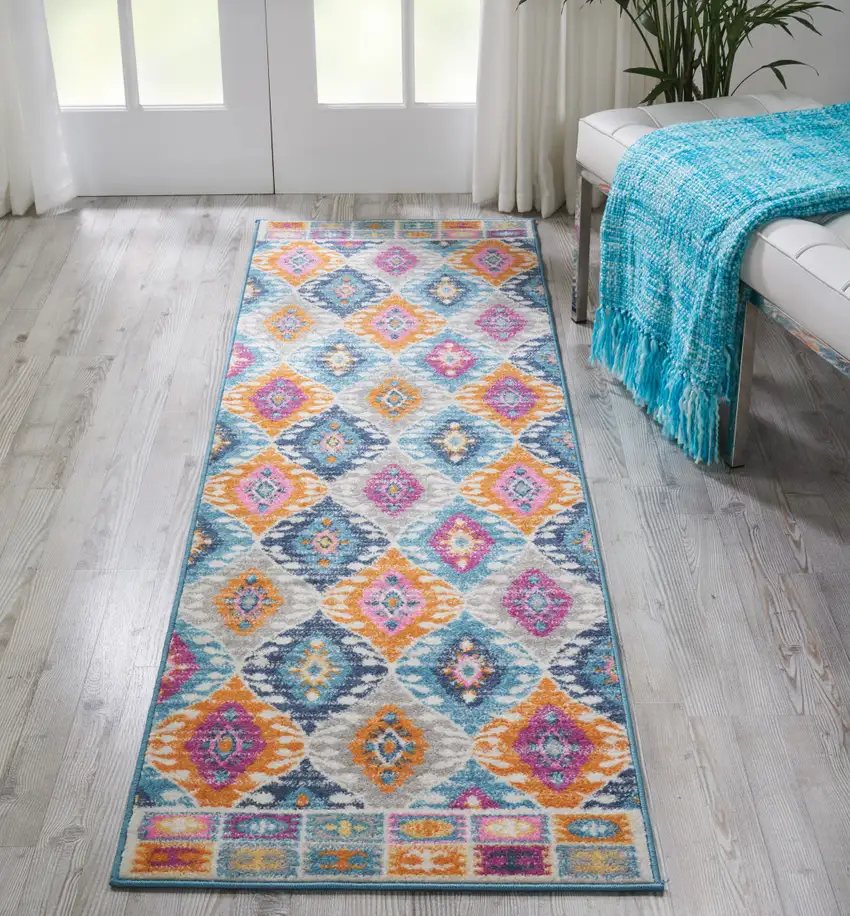 8' Blue And Pink Ogee Power Loom Runner Rug Photo 5