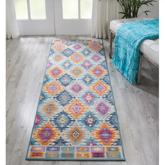 8' Blue And Pink Ogee Power Loom Runner Rug Photo 5