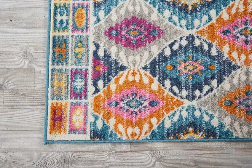 8' Ivory And Blue Ogee Distressed Runner Rug Photo 1