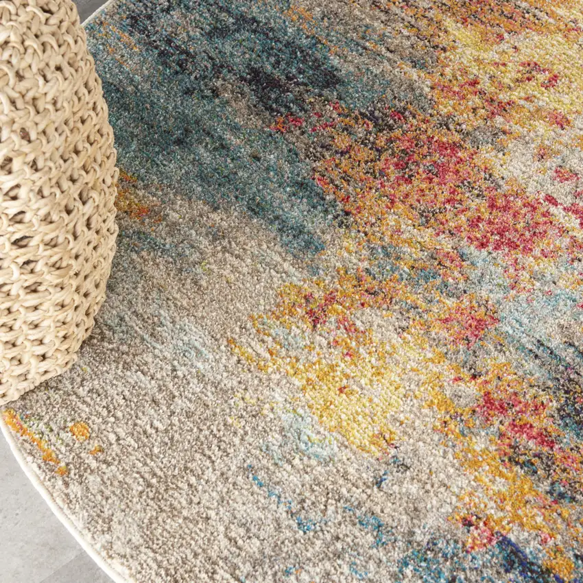 4' Blue And Orange Abstract Round Rug Photo 9