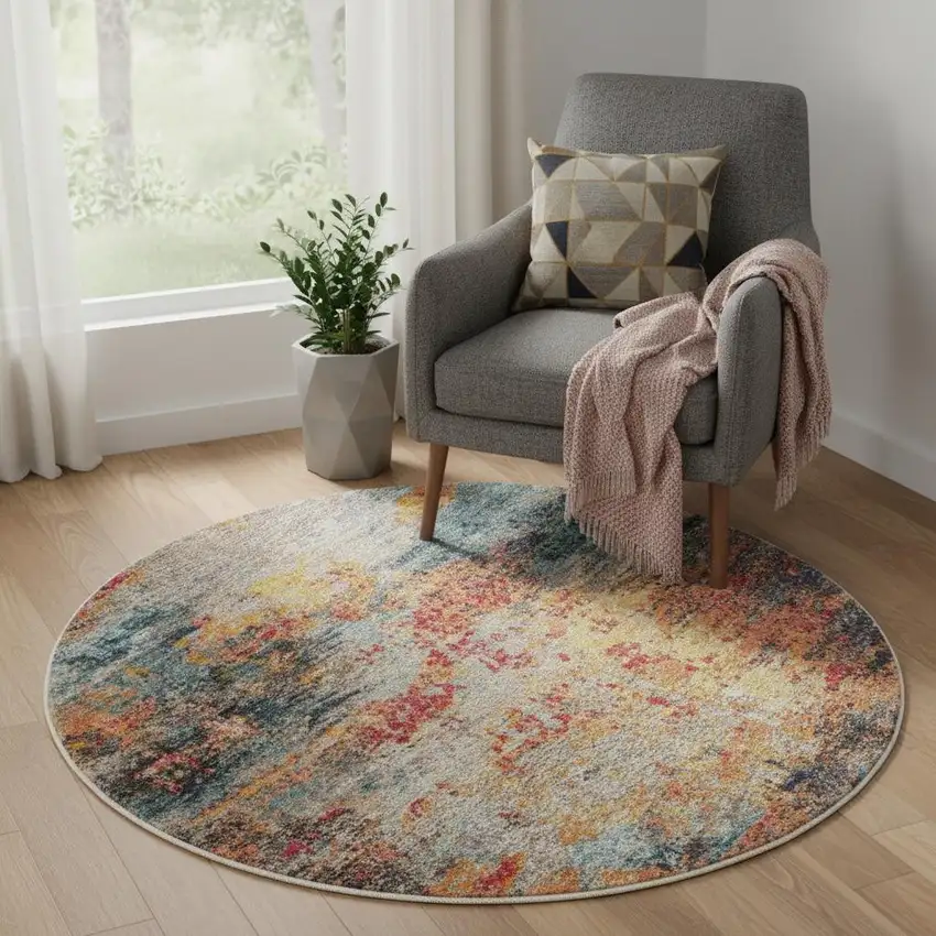 5' Blue And Orange Abstract Round Rug Photo 1