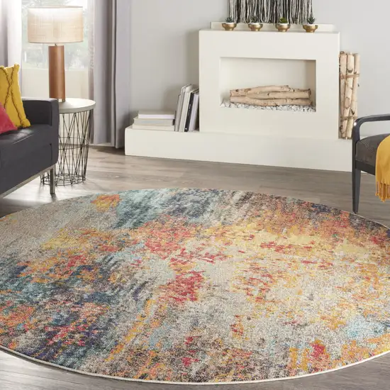 8' Blue And Orange Abstract Round Rug Photo 5