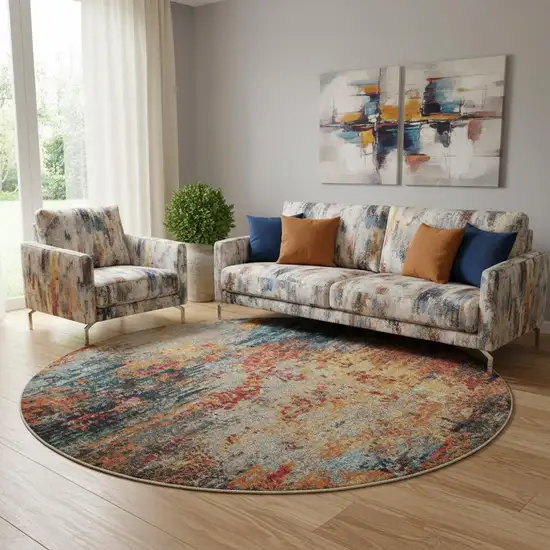 8' Blue And Orange Abstract Round Rug Photo 1