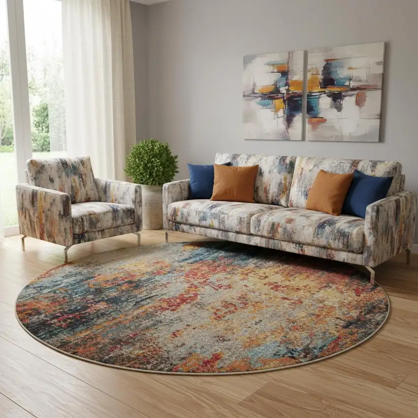 8' Blue And Orange Abstract Round Rug Photo 1