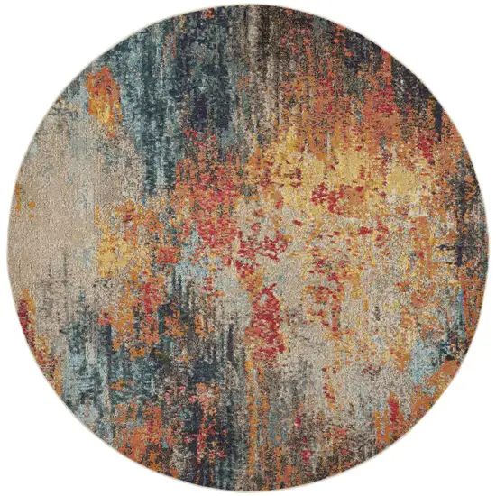 8' Blue And Orange Abstract Round Rug Photo 4