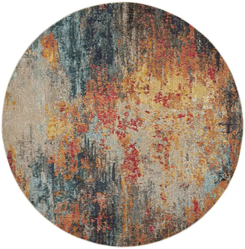 8' Blue And Orange Abstract Round Rug Photo 4