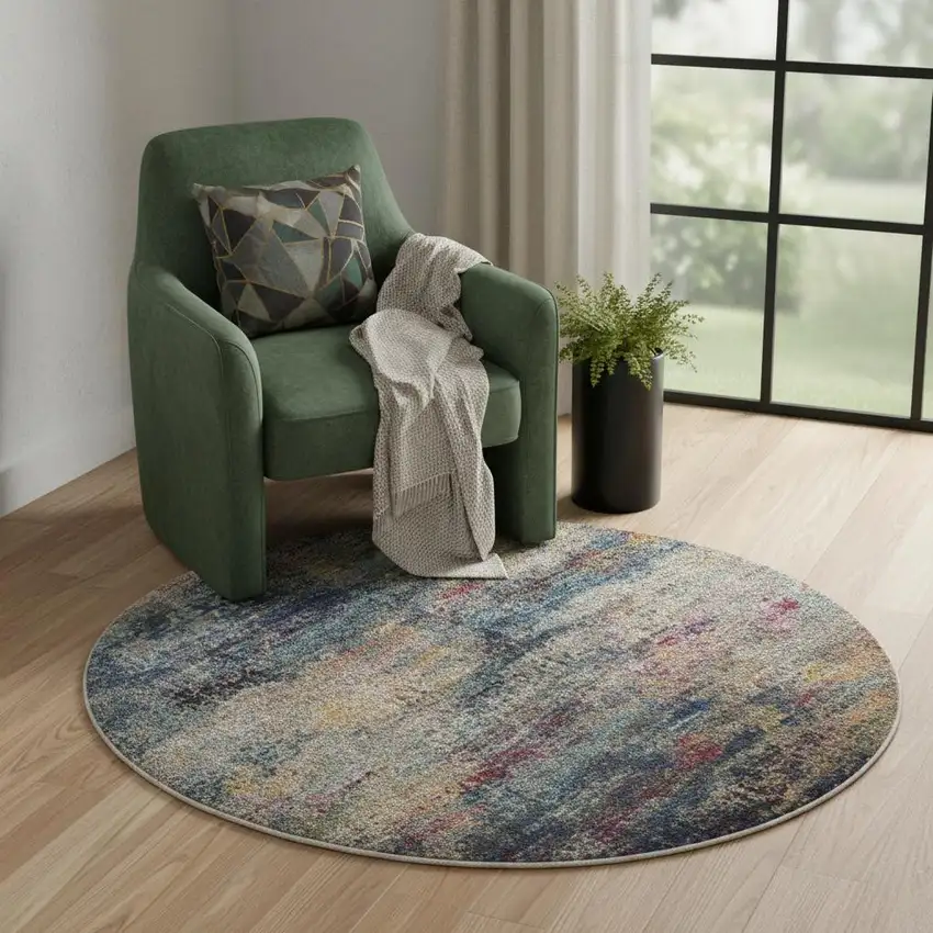 5' Blue And Ivory Abstract Round Rug Photo 1