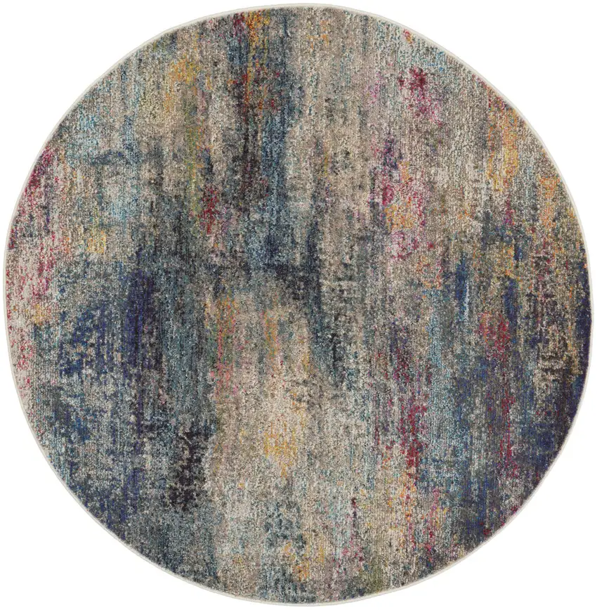 5' Blue And Ivory Abstract Round Rug Photo 3