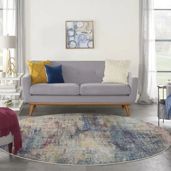 8' Blue And Ivory Abstract Round Rug Photo 6
