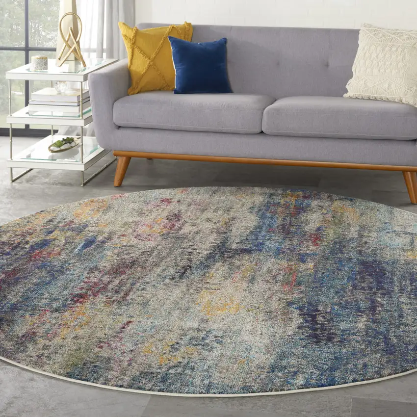 8' Blue And Ivory Abstract Round Rug Photo 5