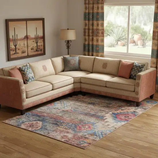 Blue And Pink Southwestern Distressed Washable Area Rug Photo 1