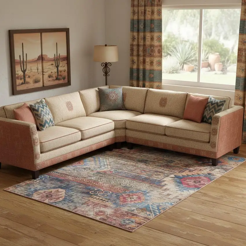 Blue And Pink Southwestern Distressed Washable Area Rug Photo 1