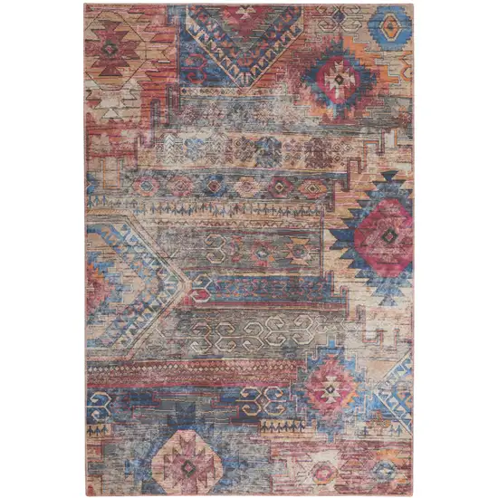 Blue And Pink Southwestern Distressed Washable Area Rug Photo 2