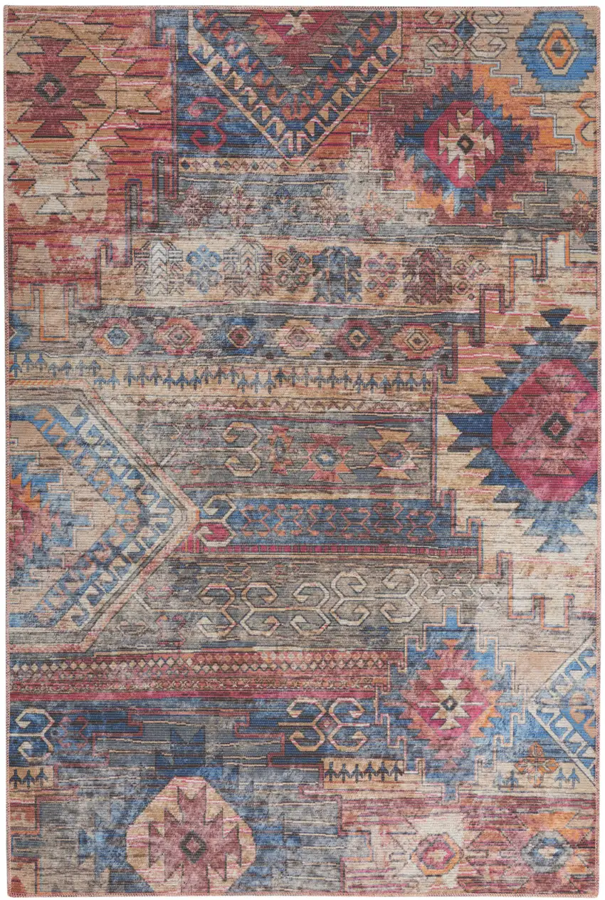 Blue And Pink Southwestern Distressed Washable Area Rug Photo 2