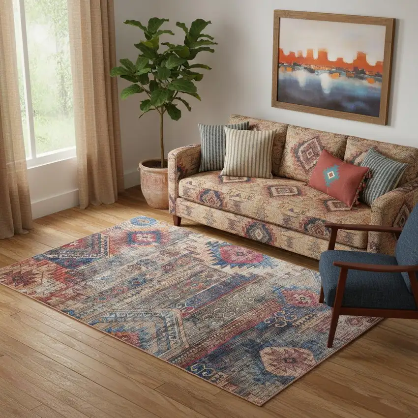 Multicolor Southwestern Power Loom Distressed Washable Area Rug Photo 1