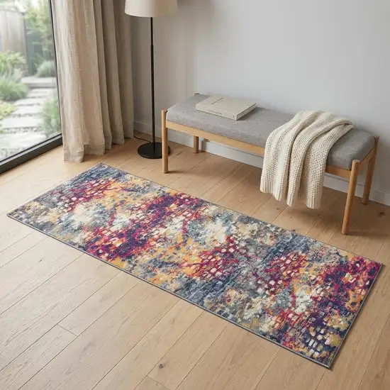 6' Blue And Ivory Abstract Runner Rug Photo 1