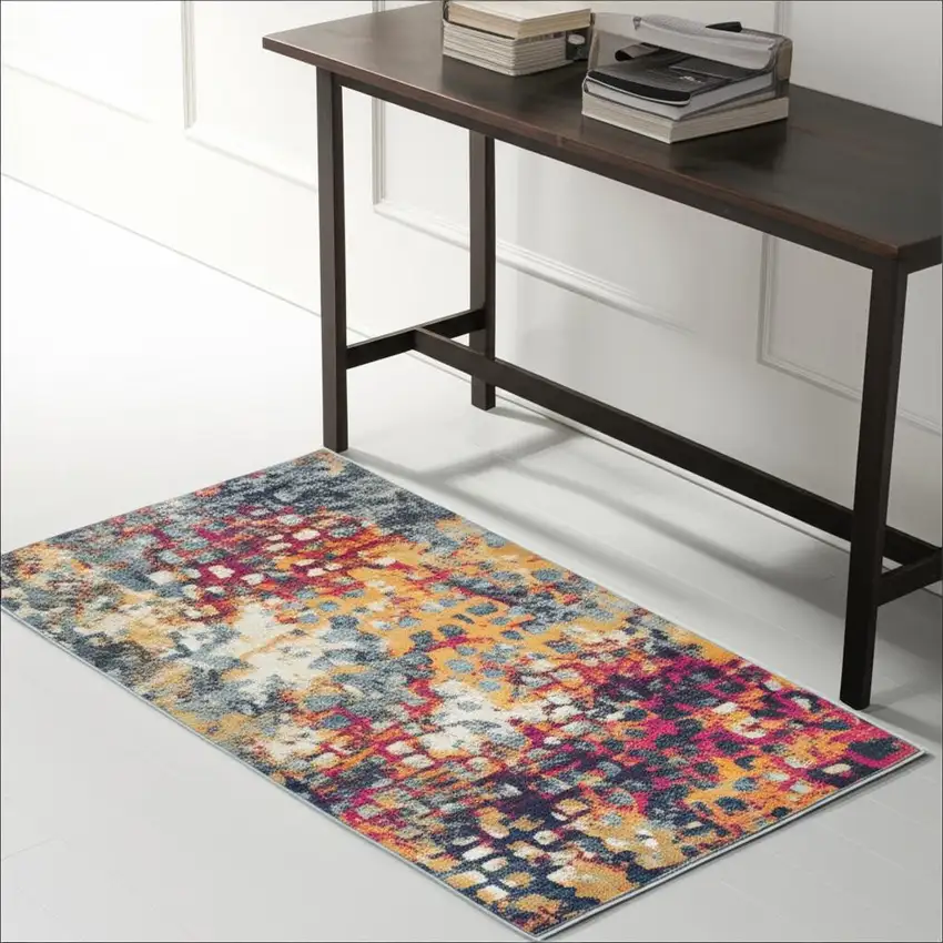 Teal and Gold Abstract Washable Area Rug Photo 2