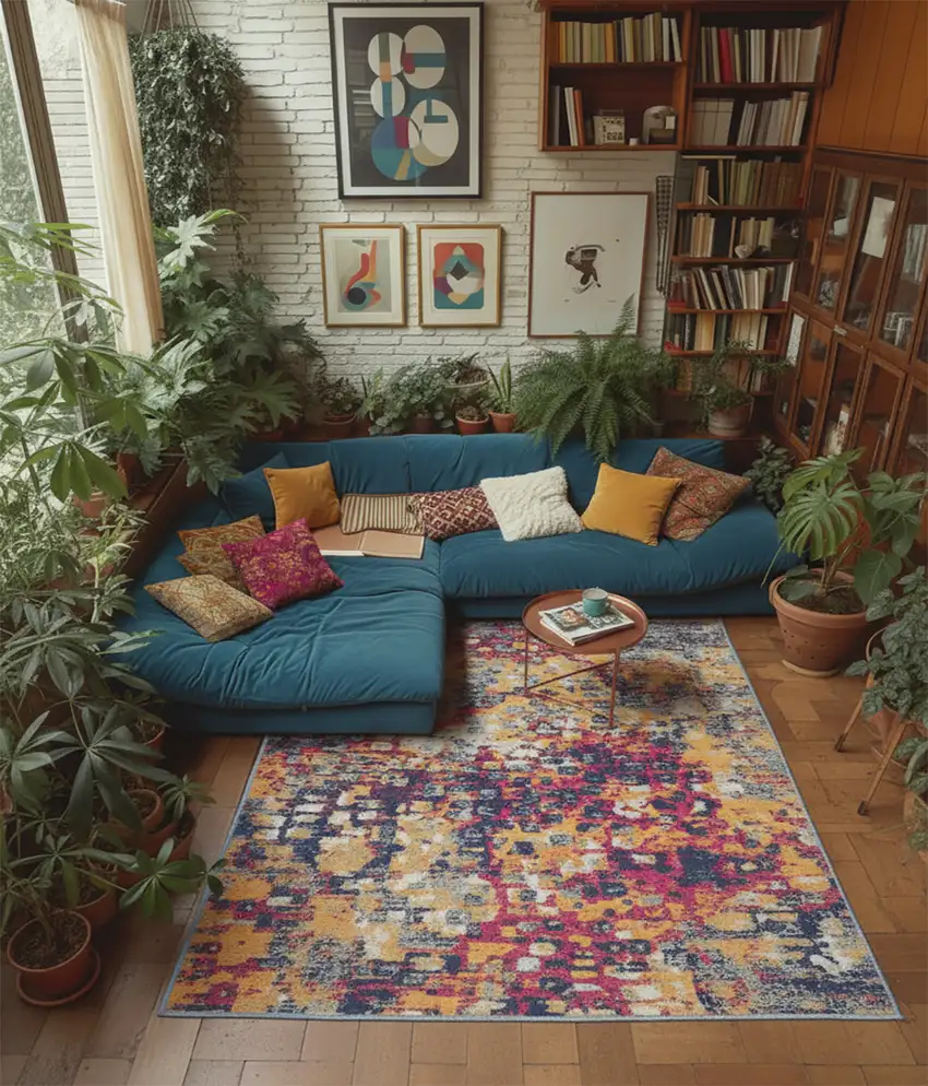 Blue and Gold Abstract Area Rug Photo 5