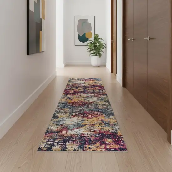 15' Blue And Ivory Abstract Runner Rug Photo 1