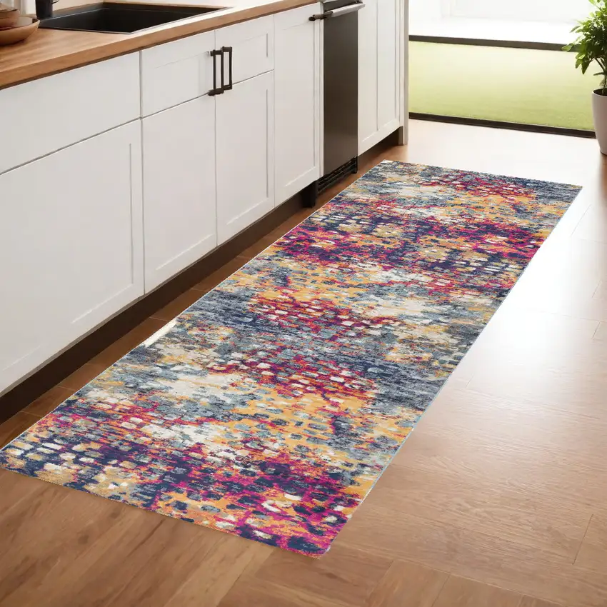 Blue and Ivory Abstract Runner Rug Photo 1