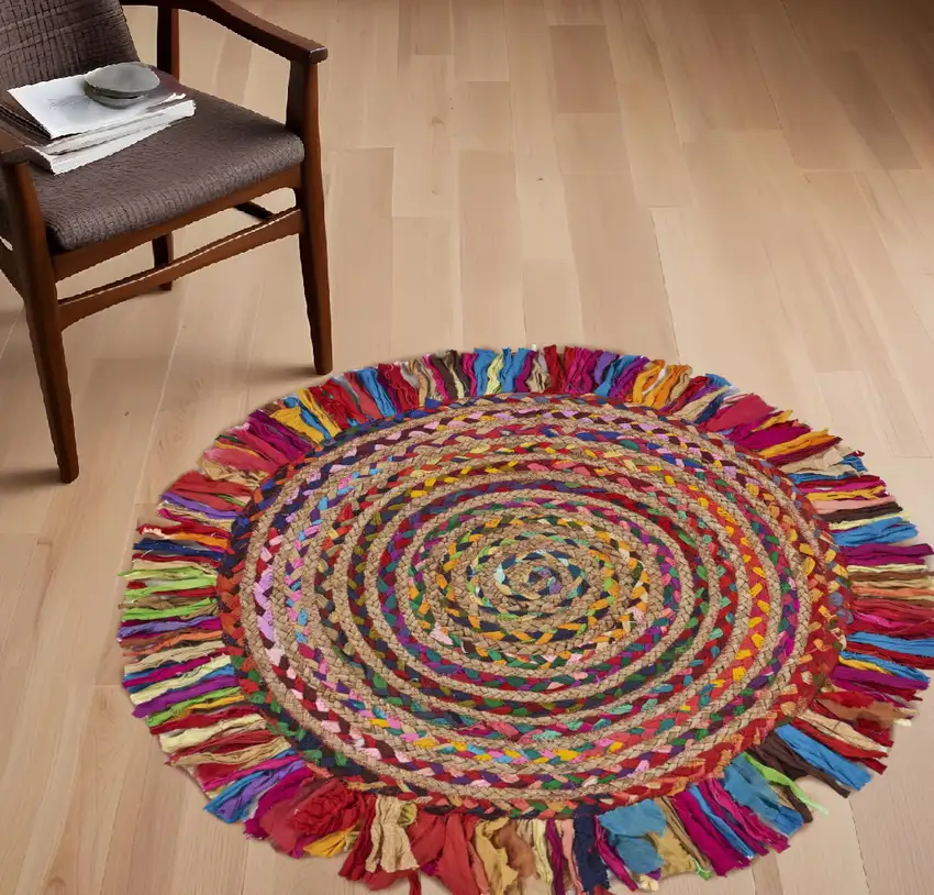 4' Rainbow Multi Round Hand Woven Jute Area Rug With Fringe Photo 2