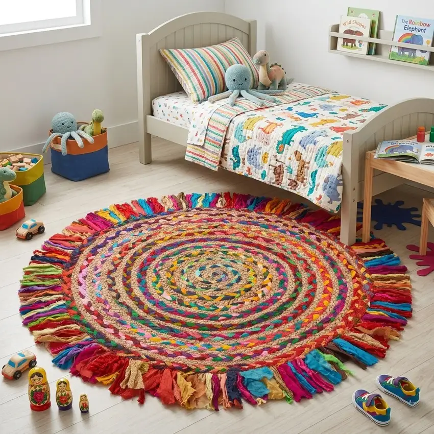 4' Rainbow Abstract Geometric Hand Woven Round Rug With Fringe Photo 5