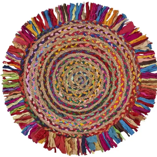 4' Rainbow Hand Woven Round Rug With Fringe Photo 7