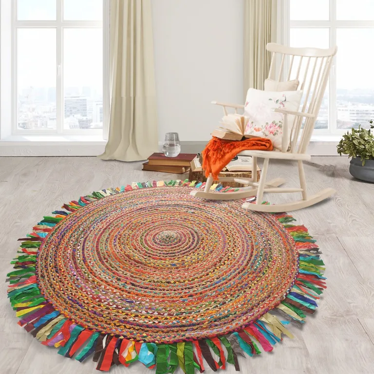 Multicolored Chindi and Natural Jute Fringed Round Rug Photo 4