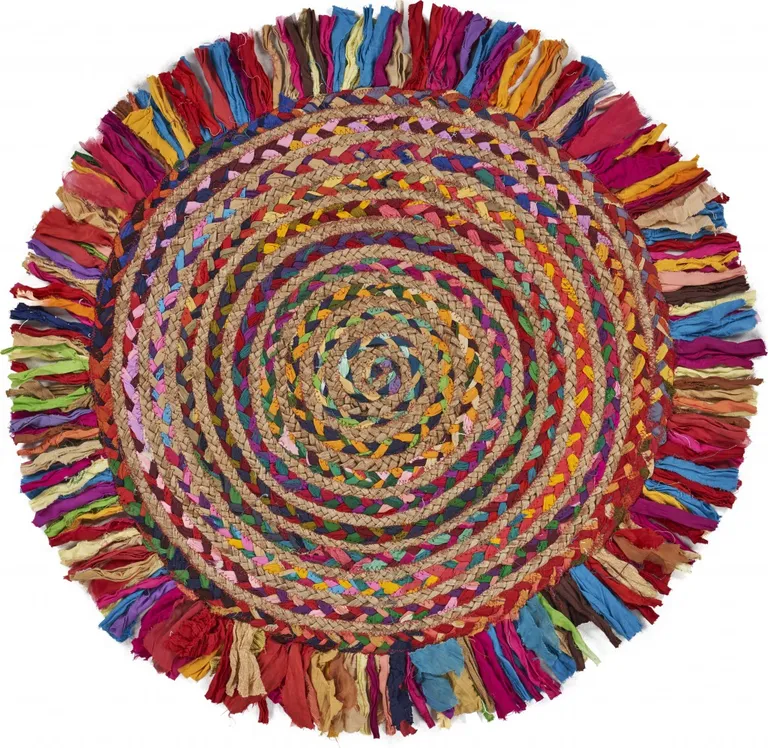 Multicolored Chindi and Natural Jute Fringed Round Rug Photo 1
