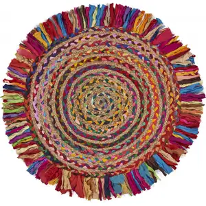 Photo of Multicolored Chindi and Natural Jute Fringed Round Rug