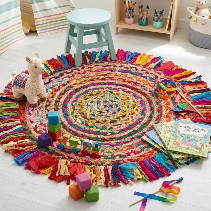4' Rainbow Abstract Geometric Hand Woven Round Rug With Fringe Photo 6