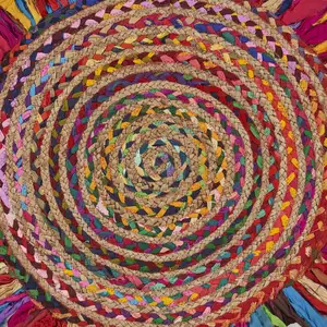 Photo of Multicolored Chindi and Natural Jute Fringed Round Rug