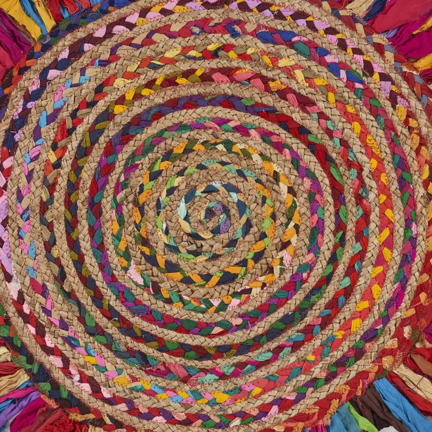 Multicolored Chindi and Natural Jute Fringed Round Rug Photo 2
