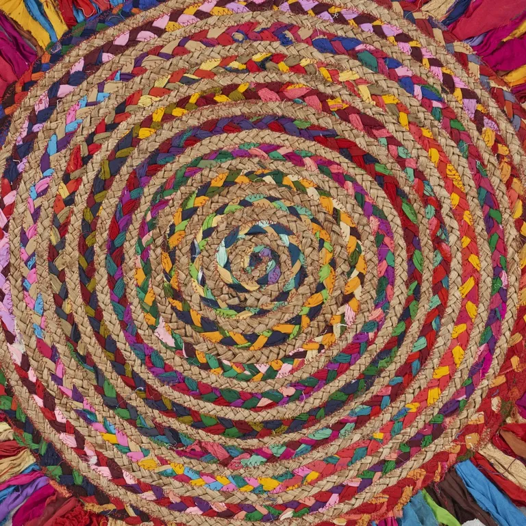 Multicolored Chindi and Natural Jute Fringed Round Rug Photo 2