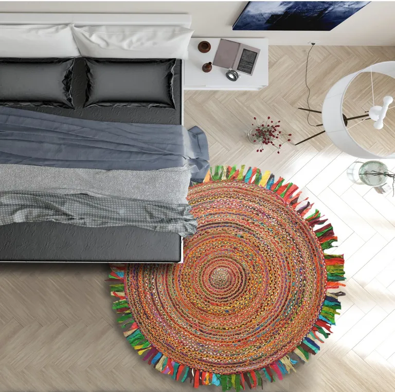 Multicolored Chindi and Natural Jute Fringed Round Rug Photo 3