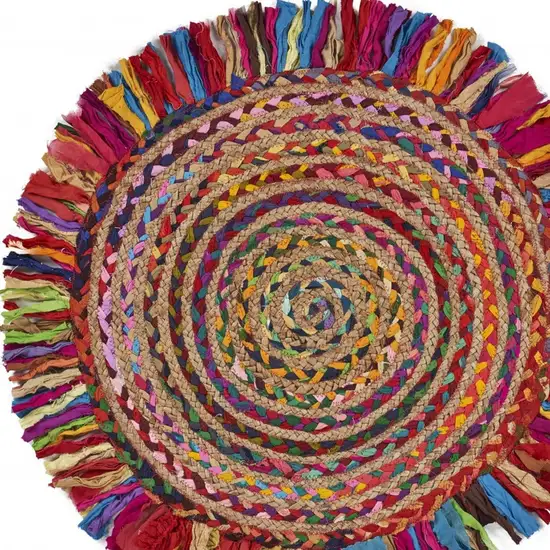 Multicolored Chindi and Natural Jute Fringed Round Rug Photo 7