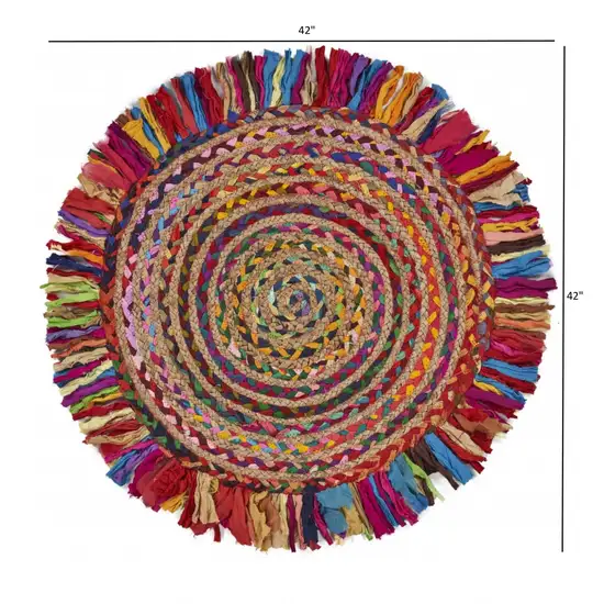 Multicolored Chindi and Natural Jute Fringed Round Rug Photo 5