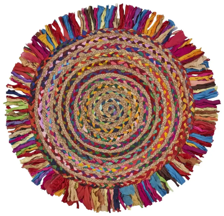 4' Rainbow Hand Woven Round Rug With Fringe Photo 2